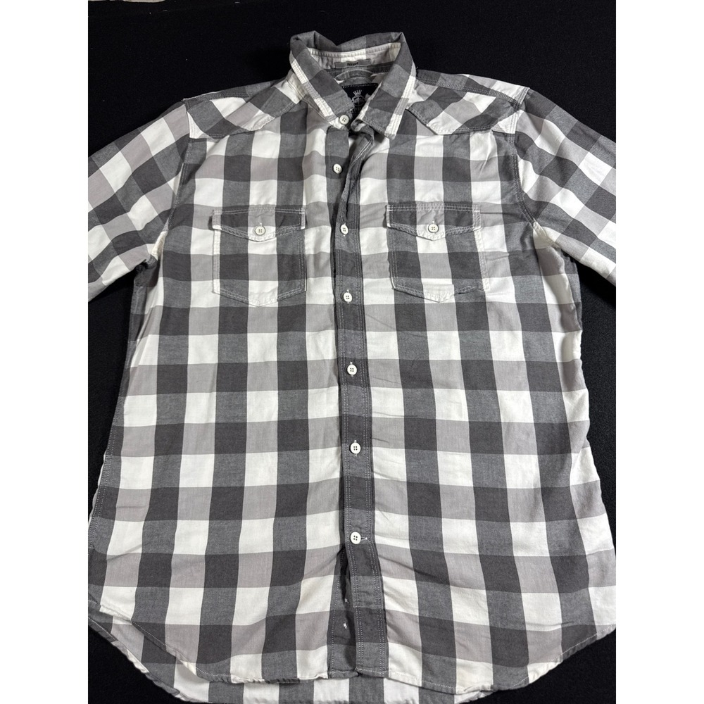 Express Fitted Grey White Buffalo Plaid Button Down Shirt Womens Large Cotton